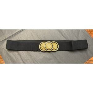 Vintage Signed Nani Lewis Gold Tone & Black Belt Buckle W/ Elastic Belt 1980’s